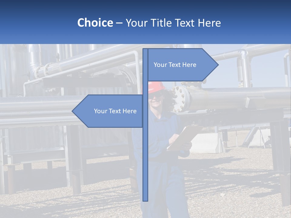 A Woman In Blue Overalls And A Red Hard Hat Standing In Front Of A PowerPoint Template