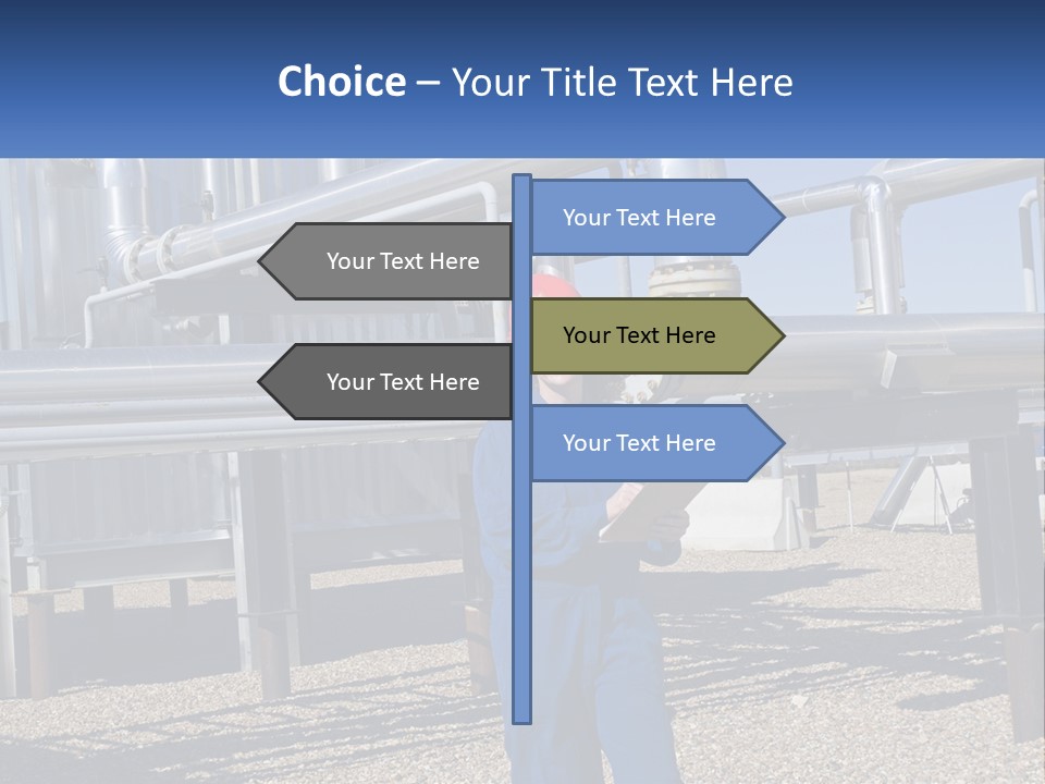 A Woman In Blue Overalls And A Red Hard Hat Standing In Front Of A PowerPoint Template