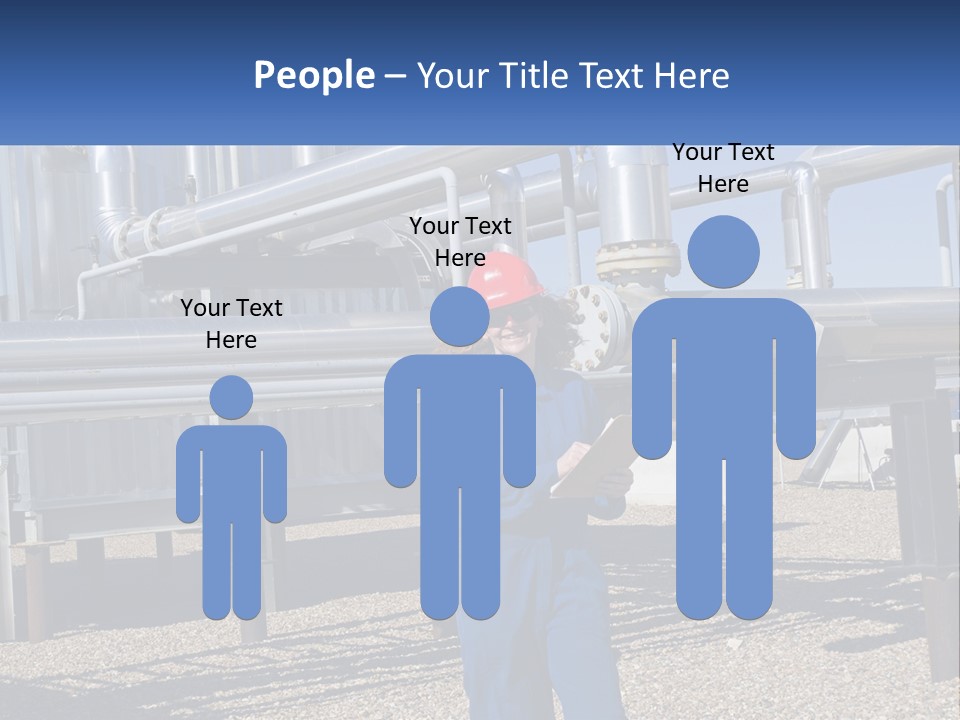 A Woman In Blue Overalls And A Red Hard Hat Standing In Front Of A PowerPoint Template