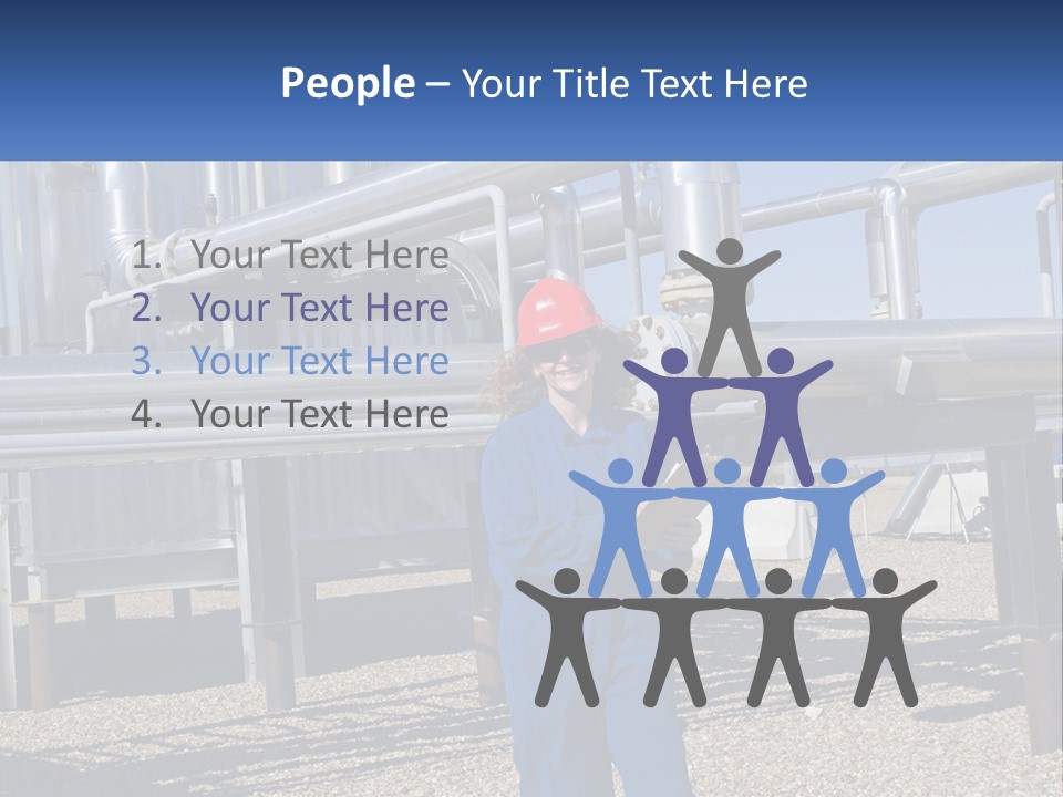 A Woman In Blue Overalls And A Red Hard Hat Standing In Front Of A PowerPoint Template