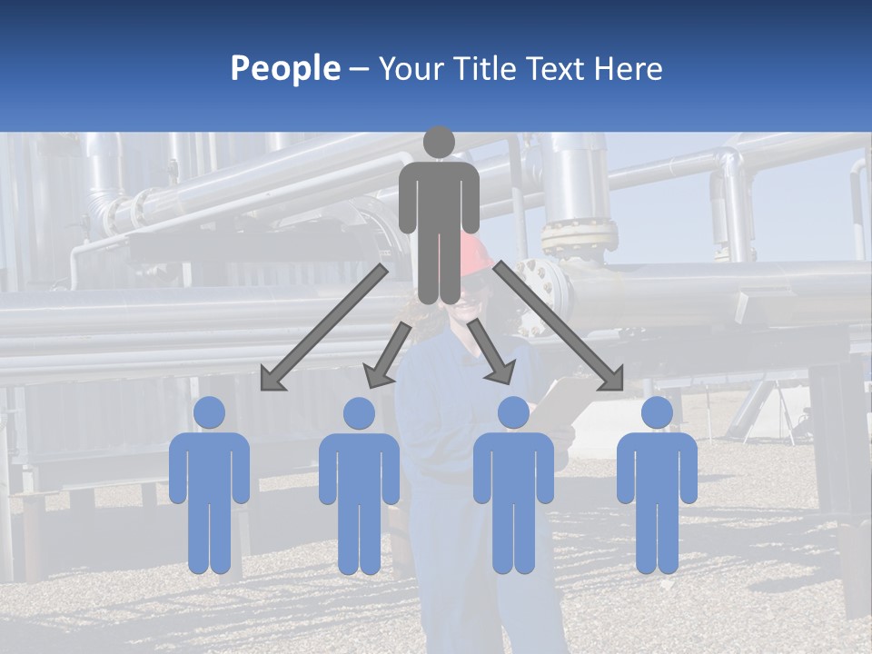 A Woman In Blue Overalls And A Red Hard Hat Standing In Front Of A PowerPoint Template