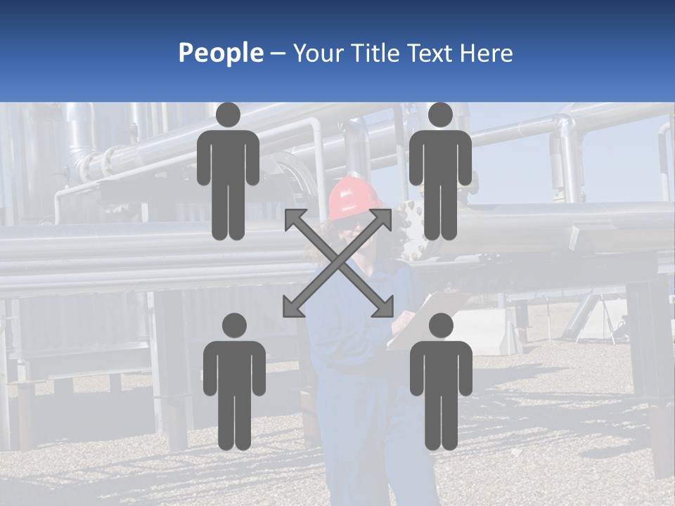 A Woman In Blue Overalls And A Red Hard Hat Standing In Front Of A PowerPoint Template