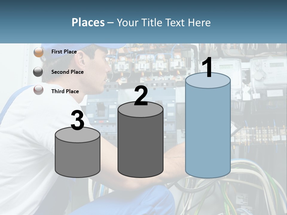 A Man In Overalls And A Blue Cap Is Working On An Electrical Panel PowerPoint Template