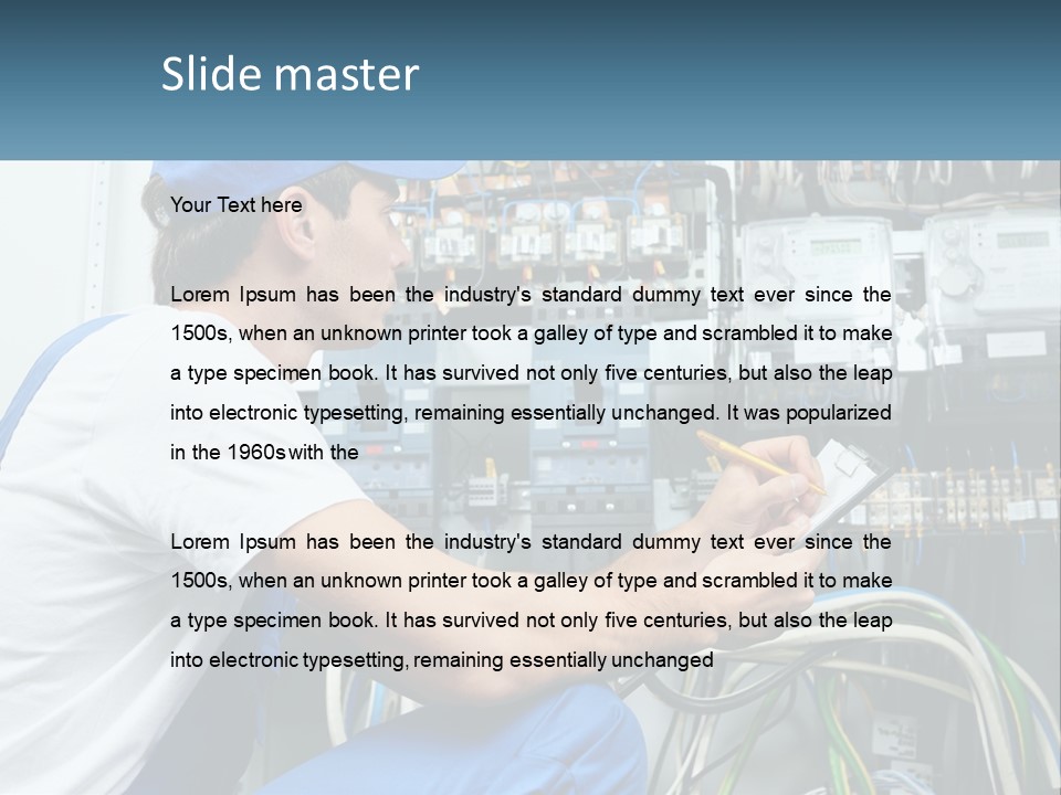 A Man In Overalls And A Blue Cap Is Working On An Electrical Panel PowerPoint Template