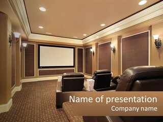 A Home Theater With Two Recliners And A Projector Screen PowerPoint Template