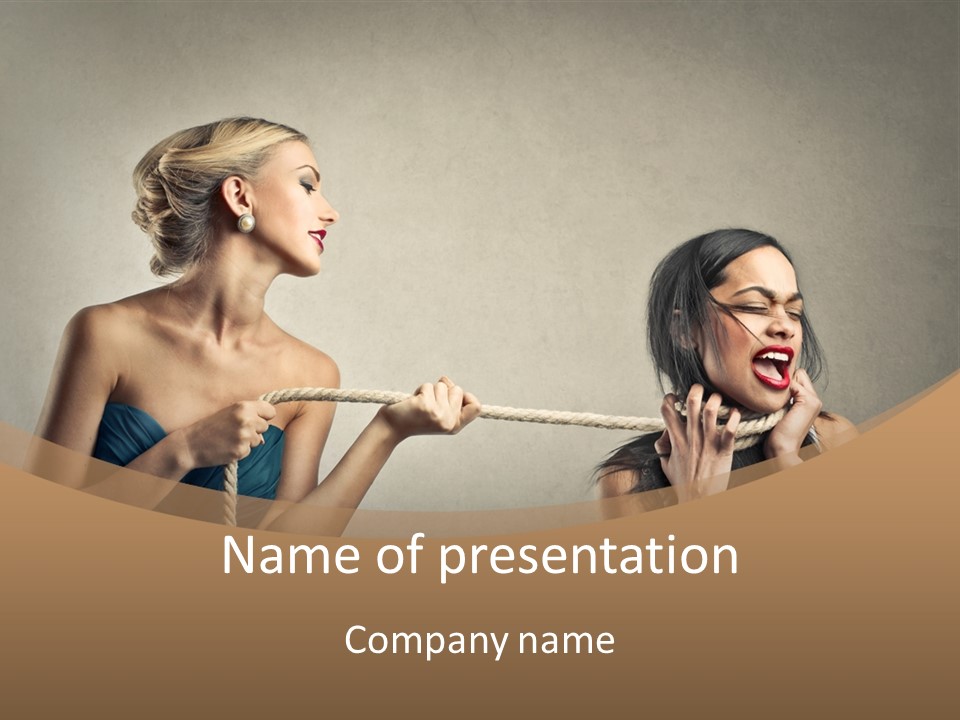 Two Women Pulling A Rope With Their Mouths PowerPoint Template