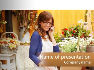 A Woman Talking On A Cell Phone In A Flower Shop PowerPoint Template
