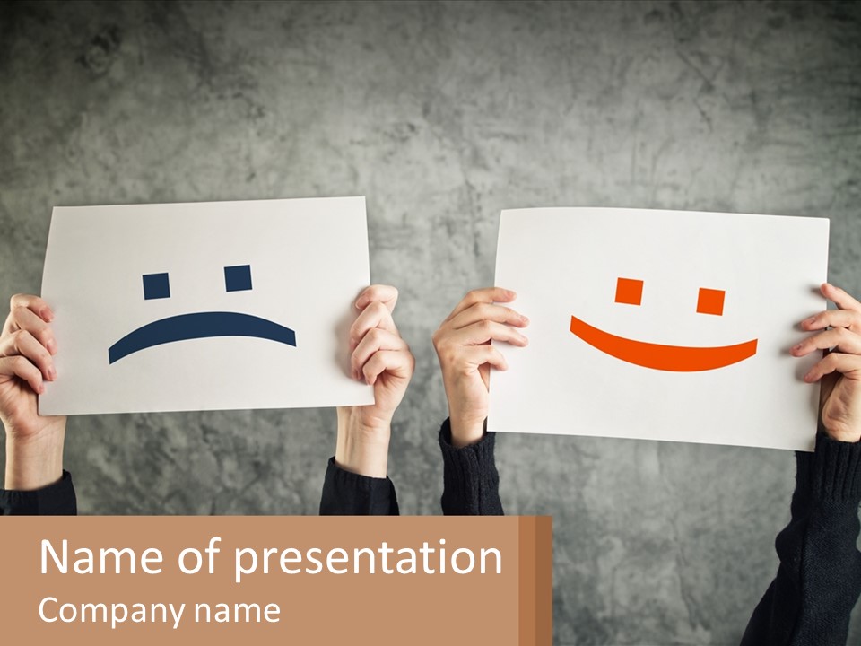 Three People Holding Up Signs With Faces Drawn On Them PowerPoint Template