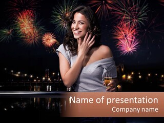 A Woman Holding A Glass Of Wine In Front Of Fireworks PowerPoint Template