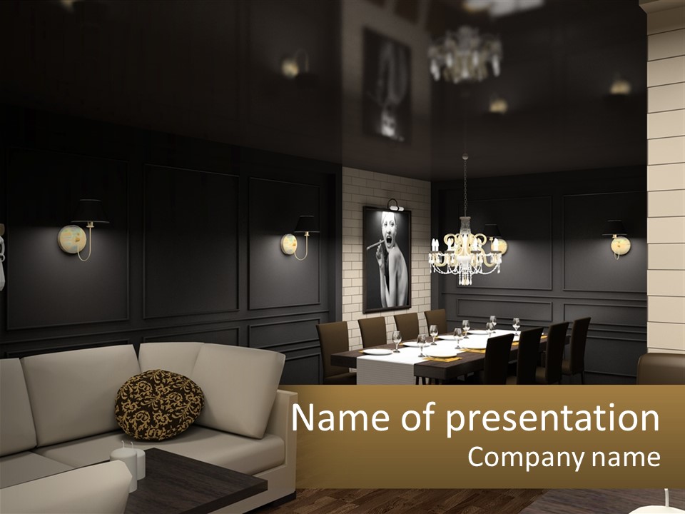 A Room With A Couch, Table, Chairs And A Chandelier PowerPoint Template