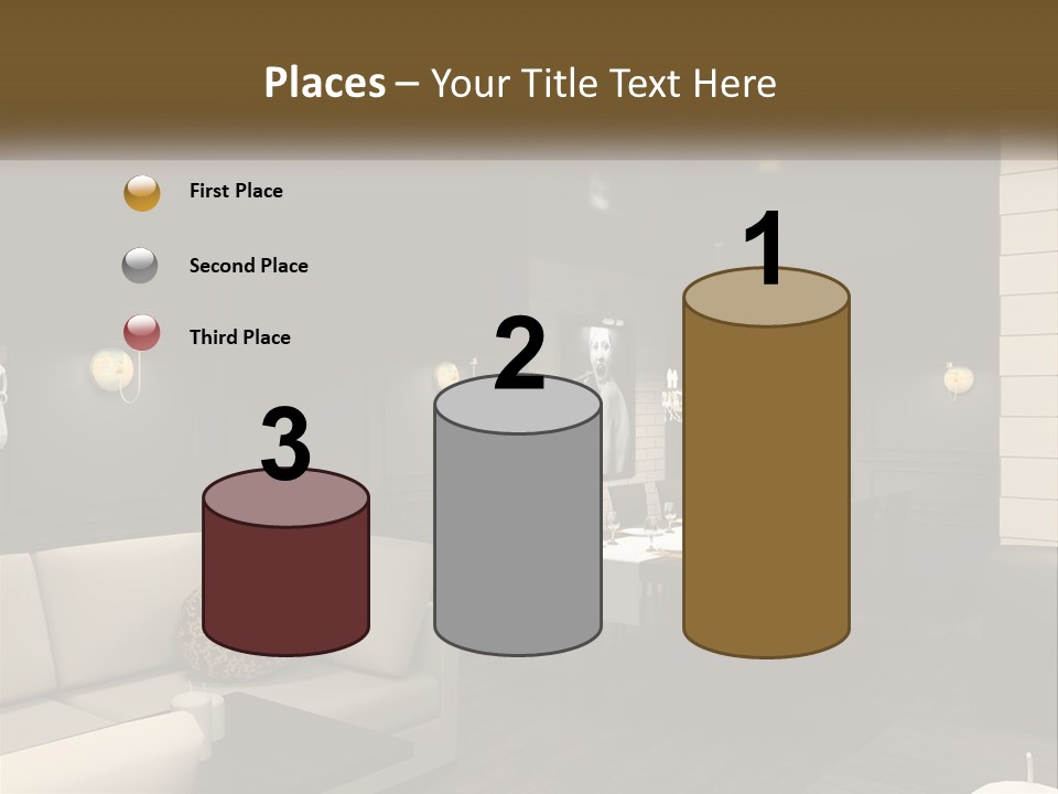 A Room With A Couch, Table, Chairs And A Chandelier PowerPoint Template