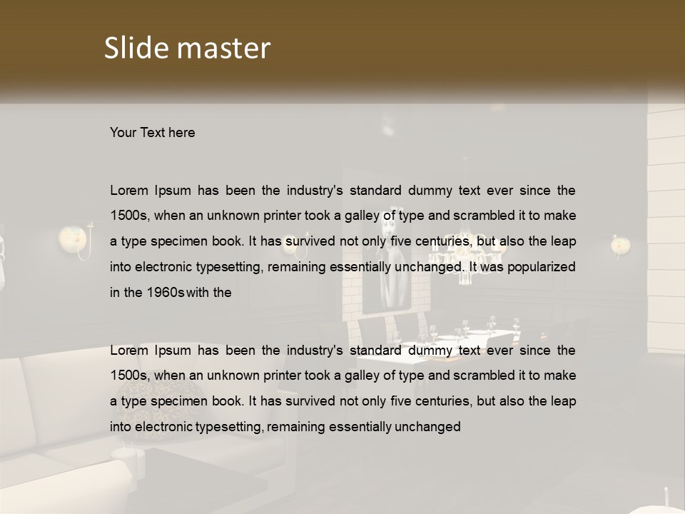 A Room With A Couch, Table, Chairs And A Chandelier PowerPoint Template