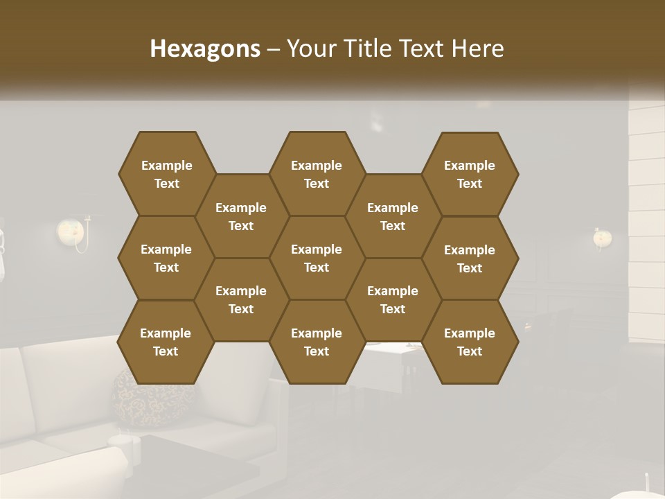 A Room With A Couch, Table, Chairs And A Chandelier PowerPoint Template