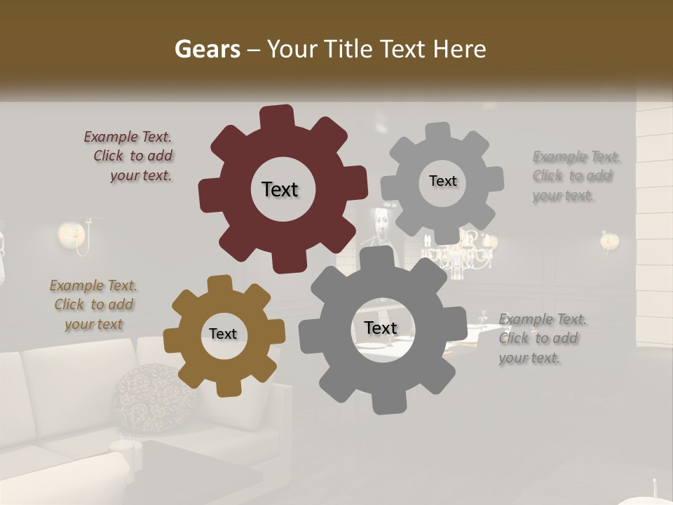 A Room With A Couch, Table, Chairs And A Chandelier PowerPoint Template