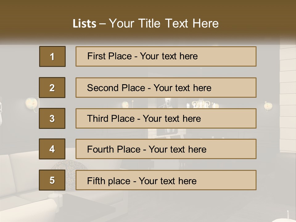 A Room With A Couch, Table, Chairs And A Chandelier PowerPoint Template