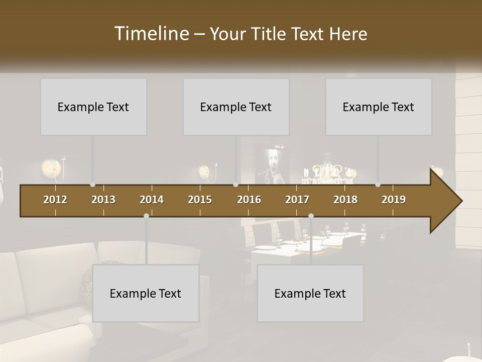 A Room With A Couch, Table, Chairs And A Chandelier PowerPoint Template