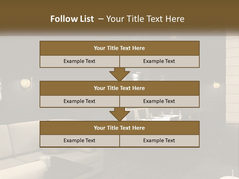 A Room With A Couch, Table, Chairs And A Chandelier PowerPoint Template