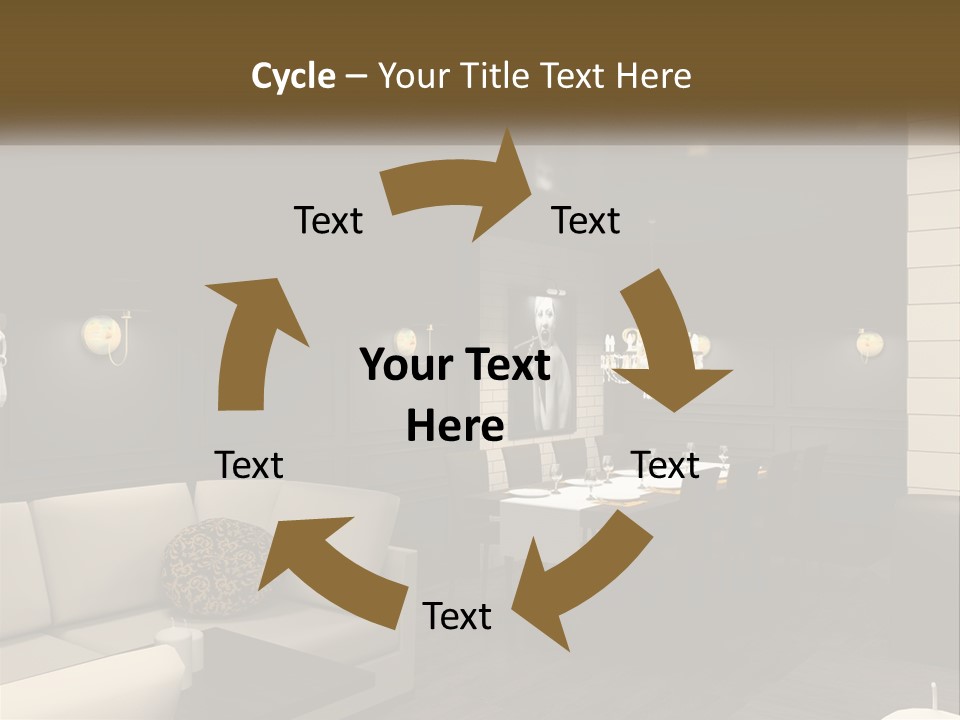 A Room With A Couch, Table, Chairs And A Chandelier PowerPoint Template