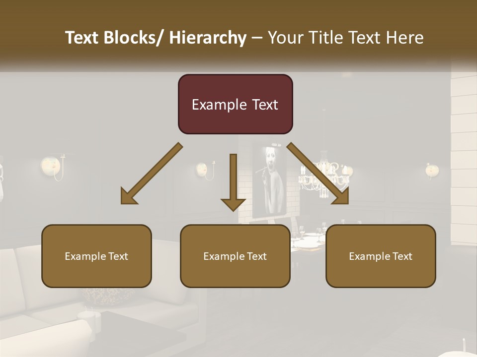 A Room With A Couch, Table, Chairs And A Chandelier PowerPoint Template