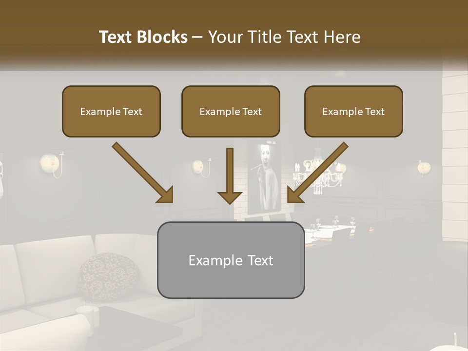 A Room With A Couch, Table, Chairs And A Chandelier PowerPoint Template