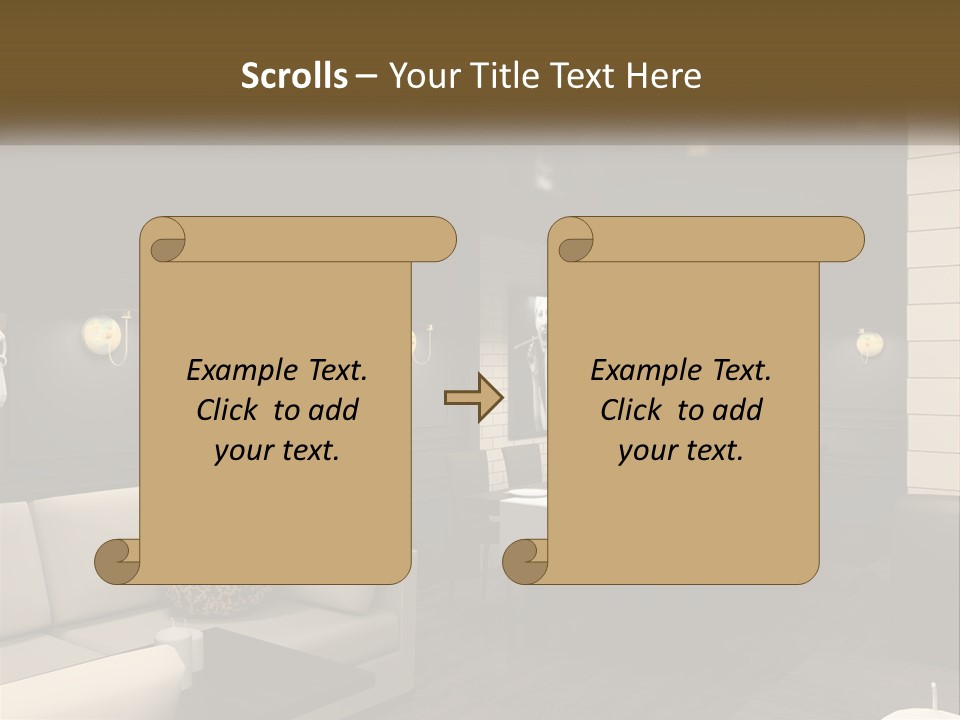 A Room With A Couch, Table, Chairs And A Chandelier PowerPoint Template