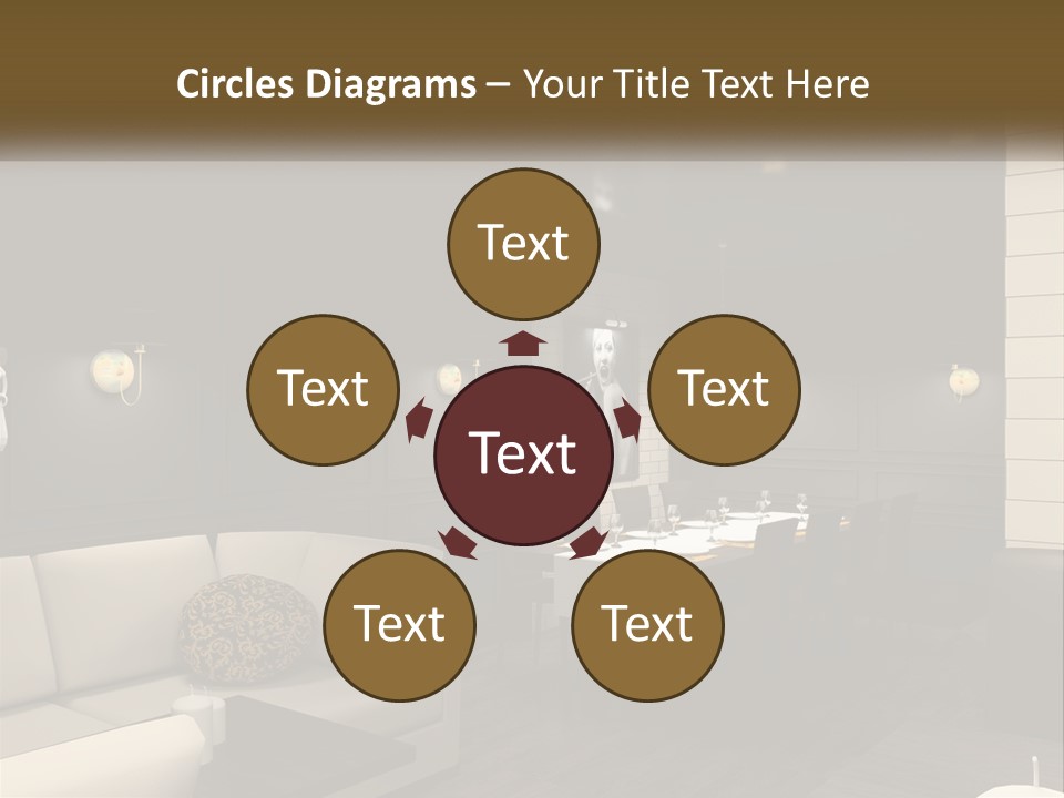 A Room With A Couch, Table, Chairs And A Chandelier PowerPoint Template