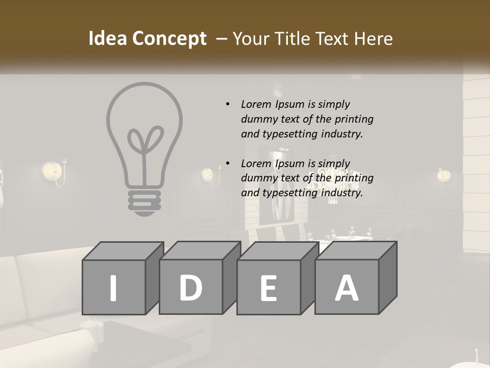 A Room With A Couch, Table, Chairs And A Chandelier PowerPoint Template
