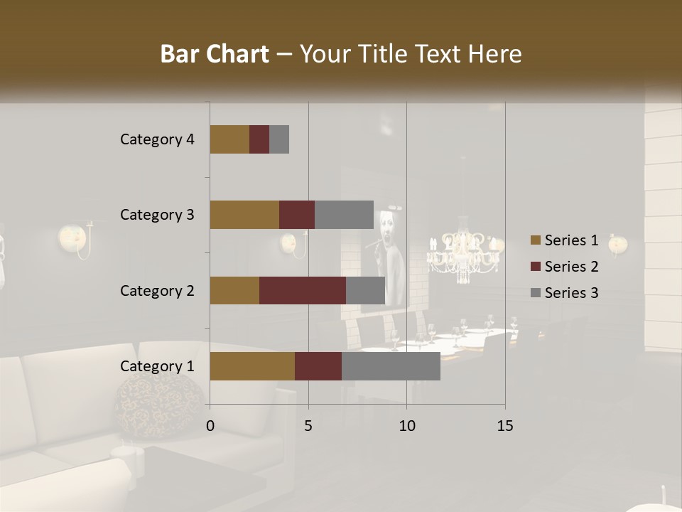 A Room With A Couch, Table, Chairs And A Chandelier PowerPoint Template