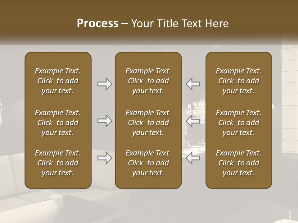 A Room With A Couch, Table, Chairs And A Chandelier PowerPoint Template