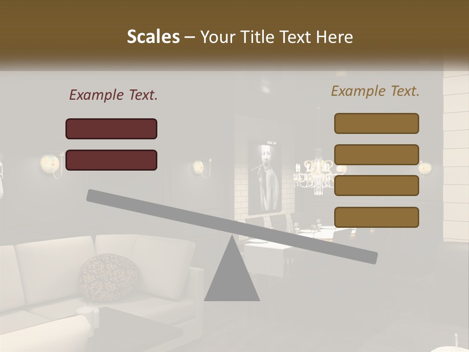 A Room With A Couch, Table, Chairs And A Chandelier PowerPoint Template