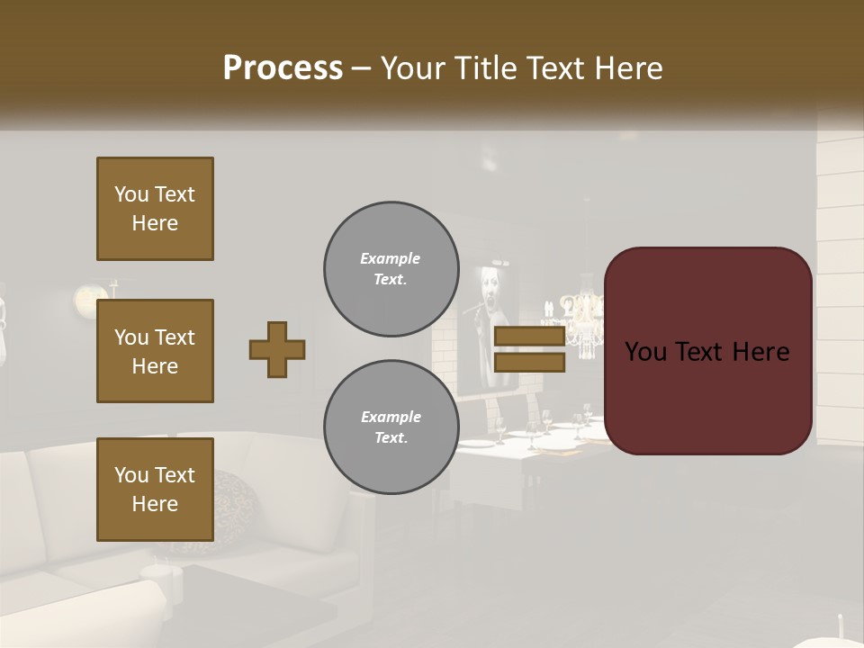 A Room With A Couch, Table, Chairs And A Chandelier PowerPoint Template