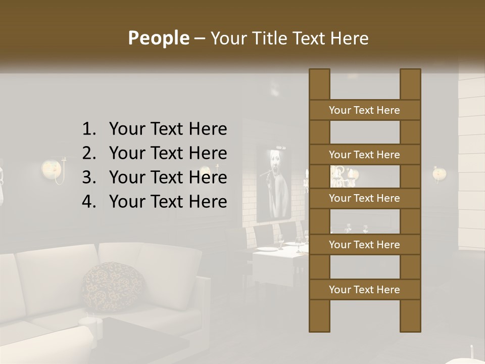 A Room With A Couch, Table, Chairs And A Chandelier PowerPoint Template