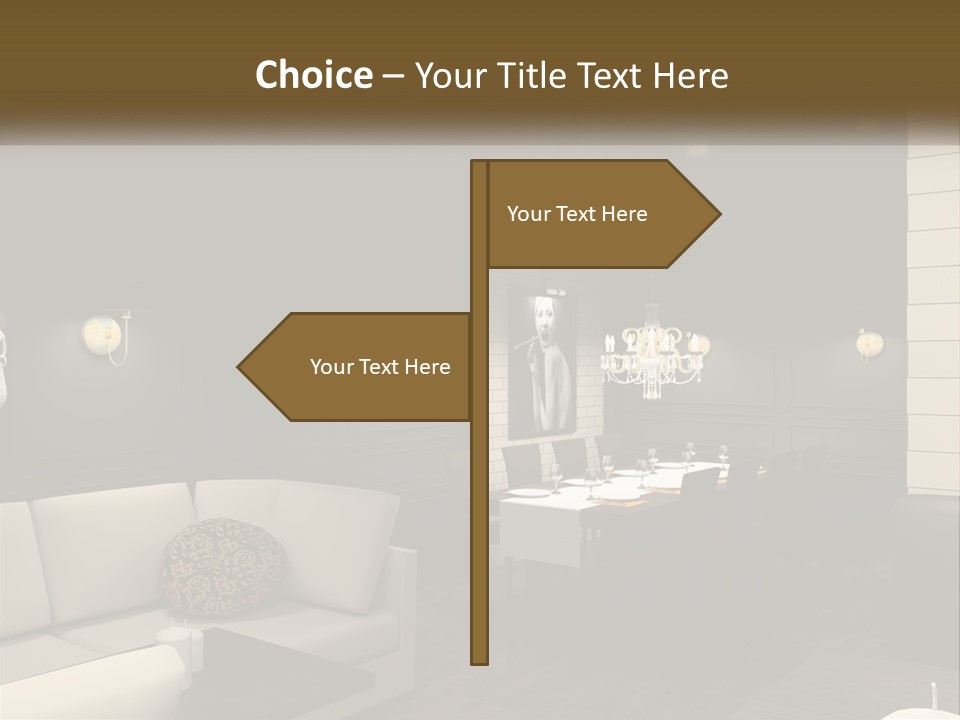 A Room With A Couch, Table, Chairs And A Chandelier PowerPoint Template