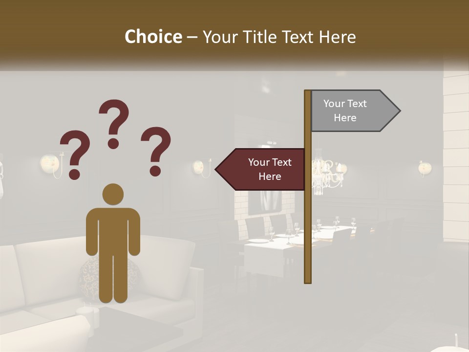 A Room With A Couch, Table, Chairs And A Chandelier PowerPoint Template