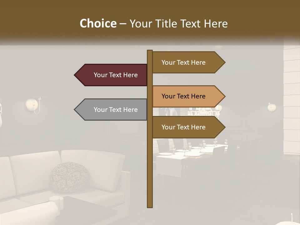 A Room With A Couch, Table, Chairs And A Chandelier PowerPoint Template