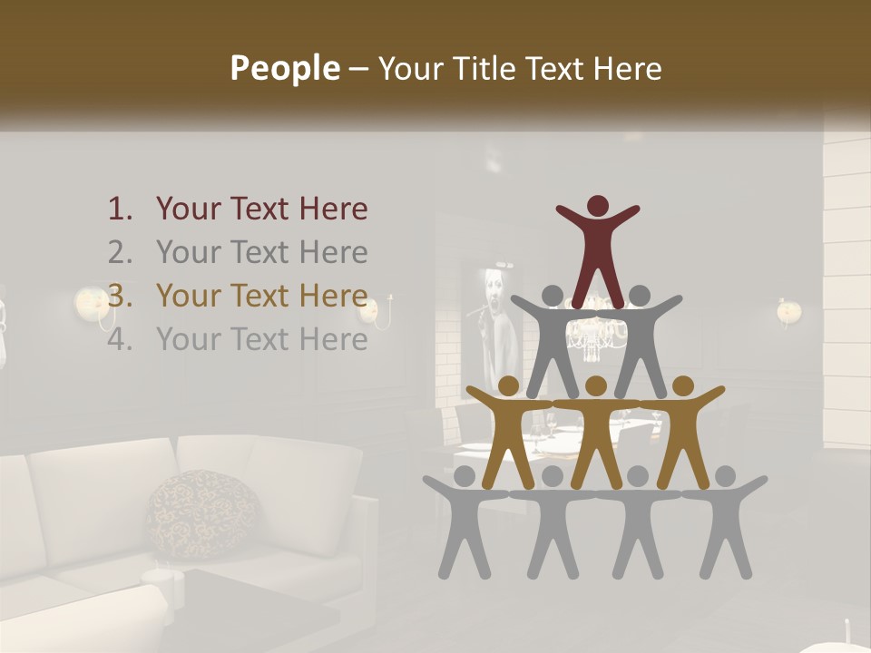 A Room With A Couch, Table, Chairs And A Chandelier PowerPoint Template