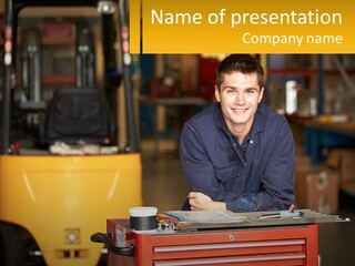 A Man Sitting At A Table In Front Of A Forklift PowerPoint Template