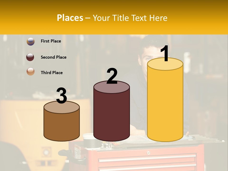 A Man Sitting At A Table In Front Of A Forklift PowerPoint Template