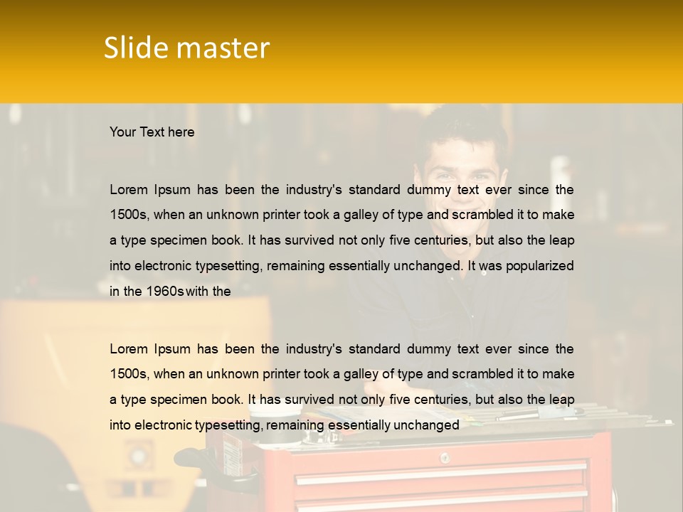 A Man Sitting At A Table In Front Of A Forklift PowerPoint Template