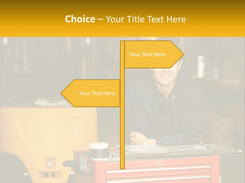 A Man Sitting At A Table In Front Of A Forklift PowerPoint Template