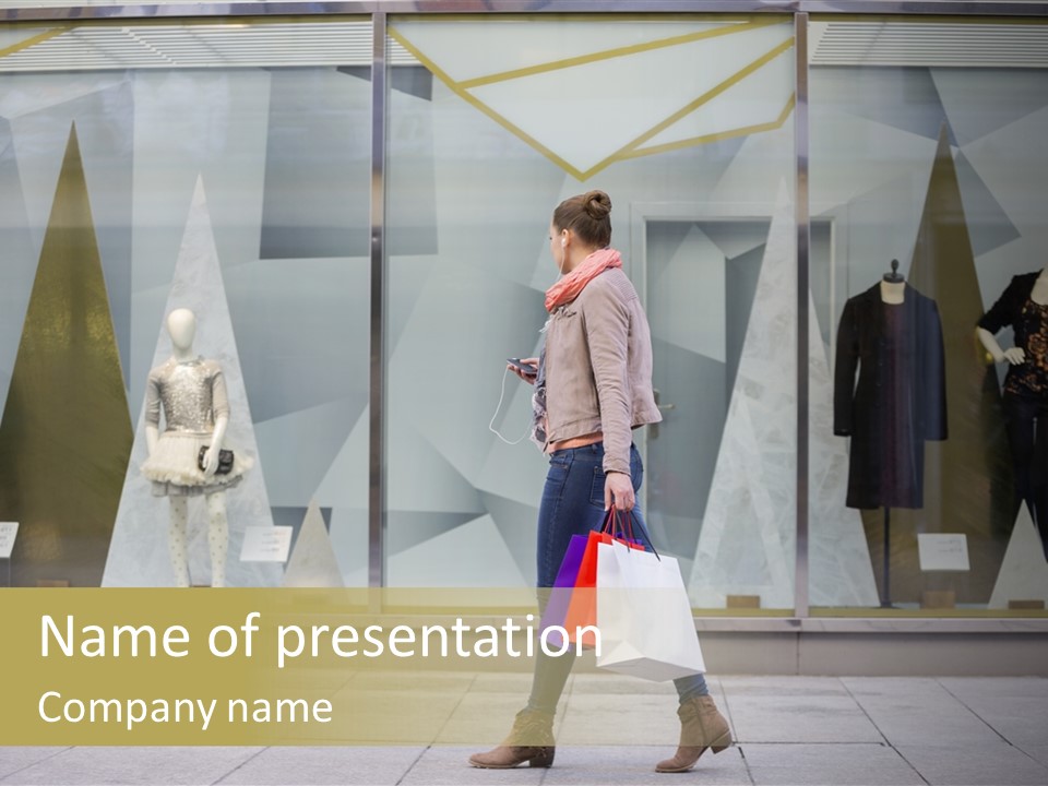 A Woman Carrying A Shopping Bag In Front Of A Store Window PowerPoint Template