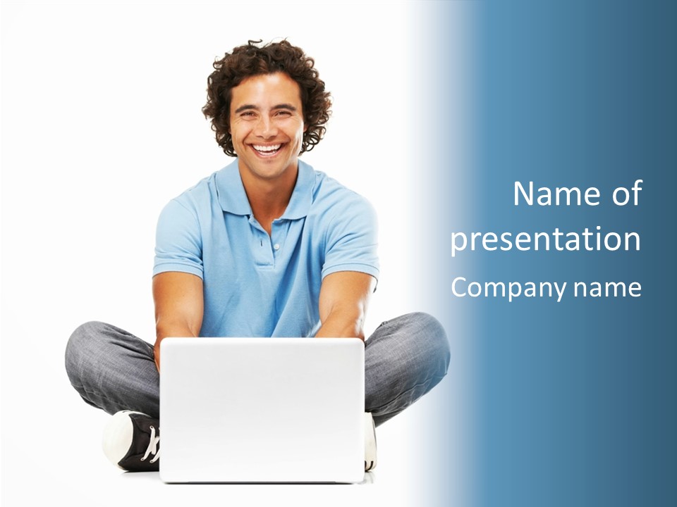 A Man Sitting On The Floor With A Laptop PowerPoint Template