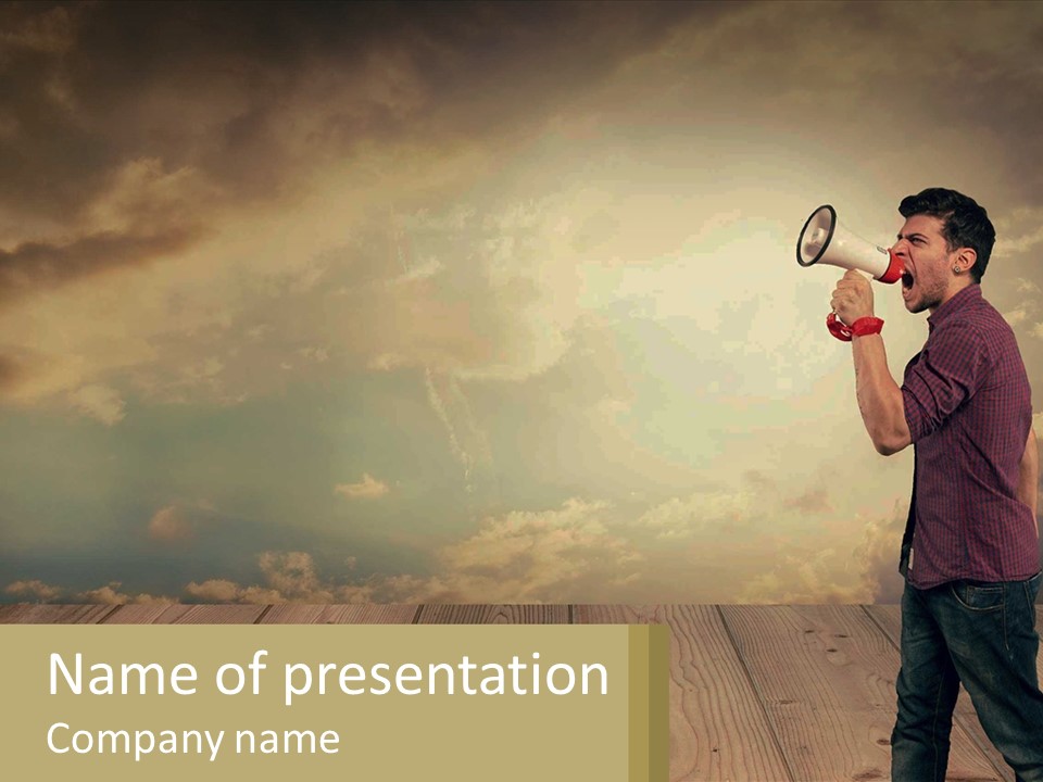 A Man Holding A Megaphone In Front Of A Cloudy Sky PowerPoint Template