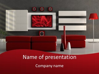 A Living Room With A Red Couch And A Television On The Wall PowerPoint Template