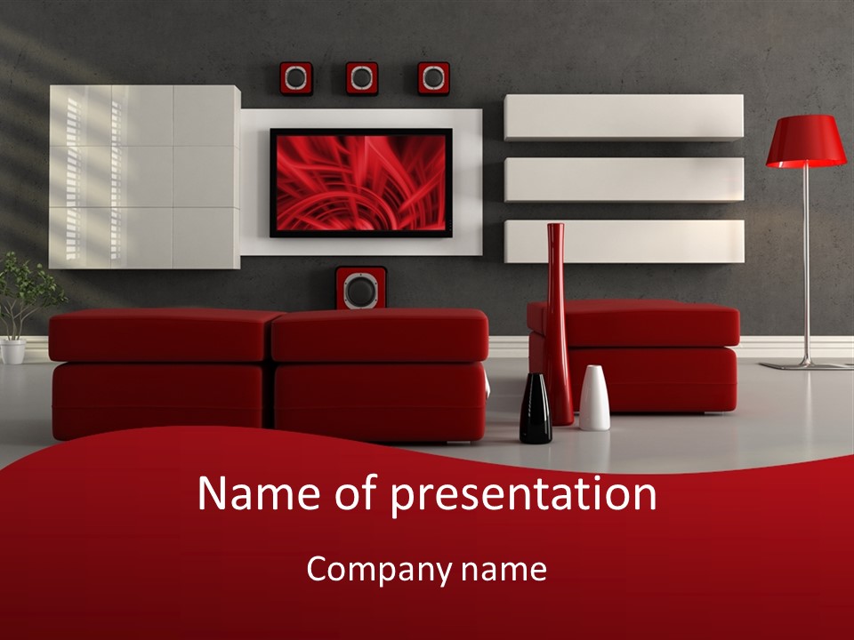 A Living Room With A Red Couch And A Television On The Wall PowerPoint Template