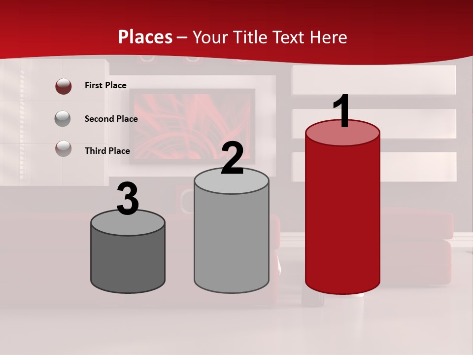 A Living Room With A Red Couch And A Television On The Wall PowerPoint Template