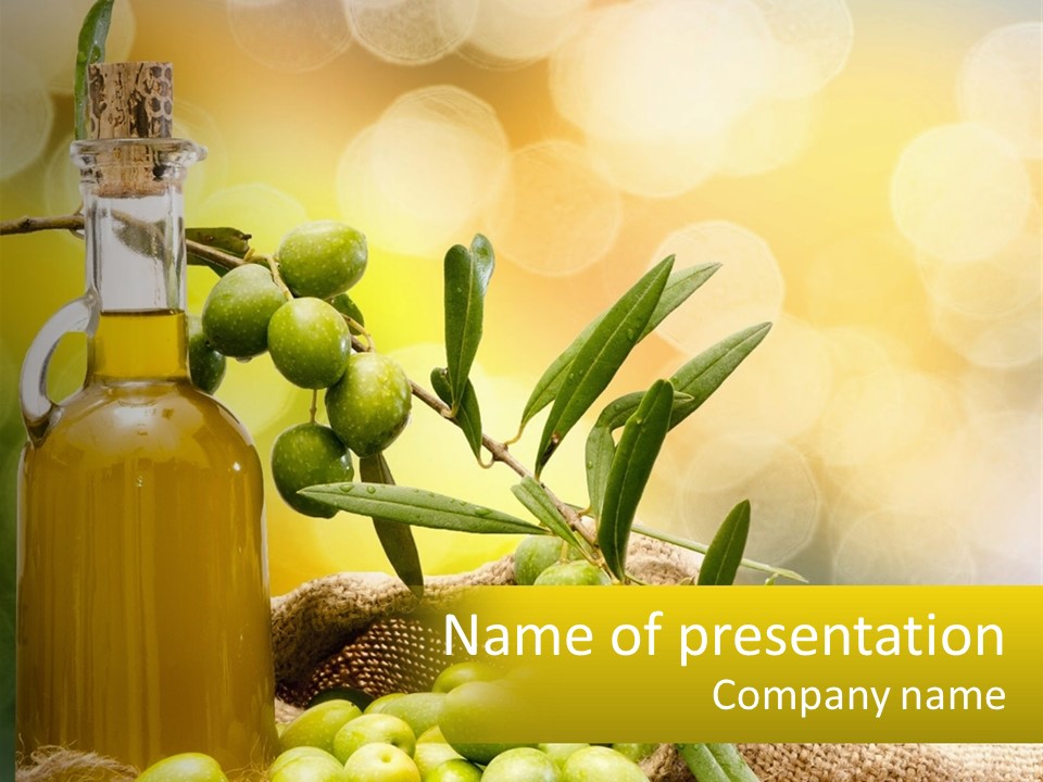 A Bottle Of Olive Oil Next To A Bunch Of Green Olives PowerPoint Template