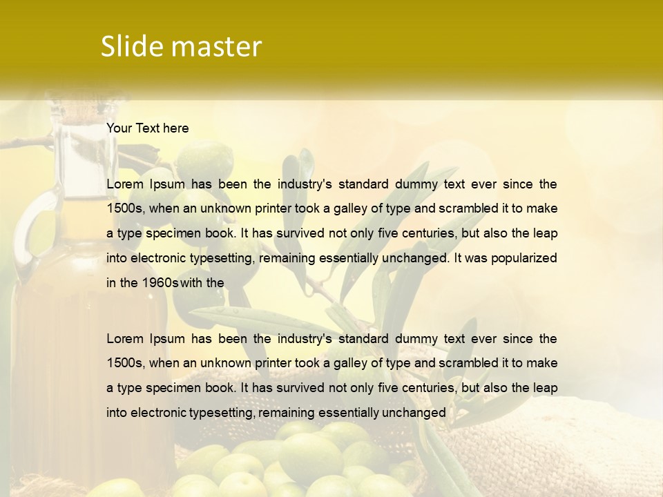 A Bottle Of Olive Oil Next To A Bunch Of Green Olives PowerPoint Template