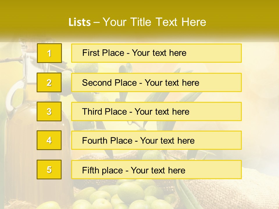 A Bottle Of Olive Oil Next To A Bunch Of Green Olives PowerPoint Template