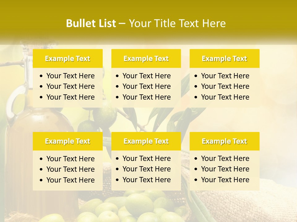 A Bottle Of Olive Oil Next To A Bunch Of Green Olives PowerPoint Template